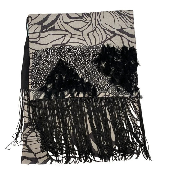 Pashmina Wool Shawl with Silky Tassel Fringe Feathers and Beading NWT - Picture 10 of 14